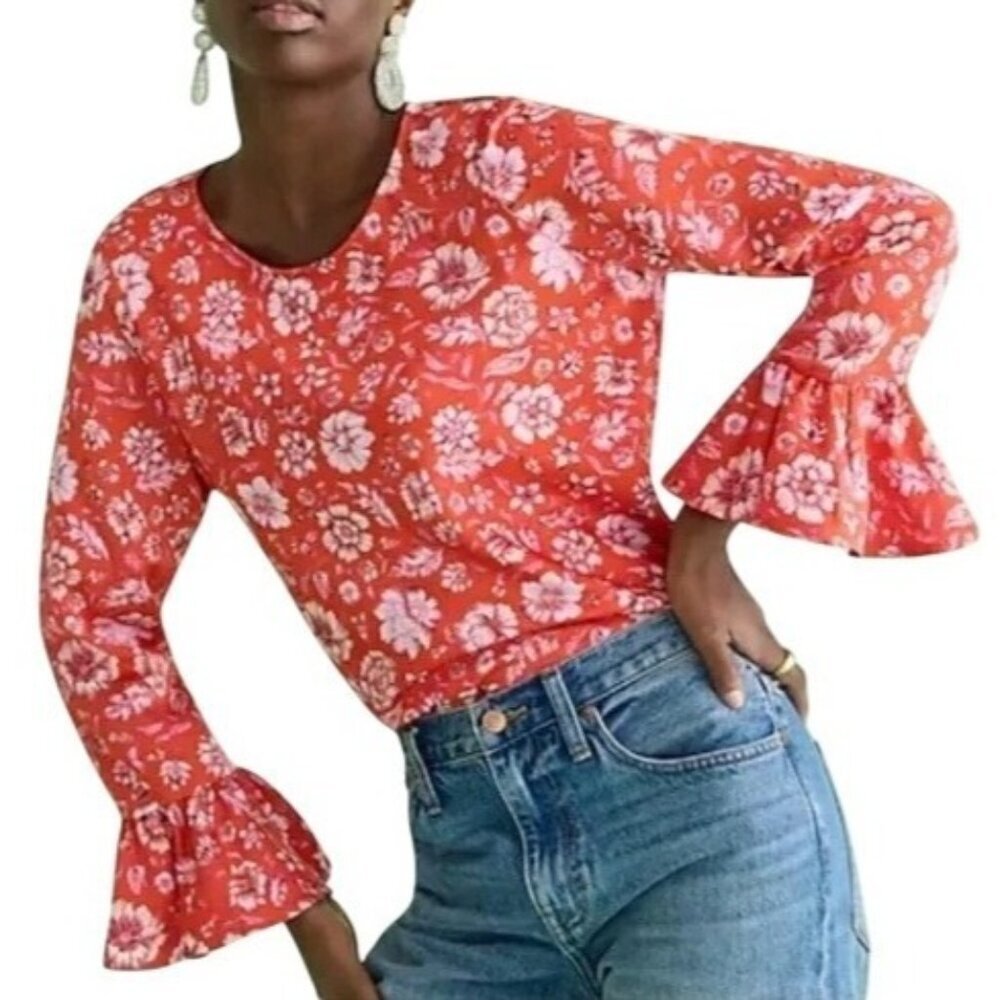 NWT J. Crew Winter Garden Top Poppy Fields Floral Ruffle Sleeve Top Women Medium